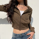 Fashionkova Casual Long Sleeves Pockets Cargo Coats Vintage Solid Slim Jackets Y2K Fashion Streetwear Aesthetic Zip Up Clothes