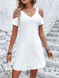 Fashionkova Solid Color Off Shoulder V Neck White Dress Short Sleeve Hollow Out Lace Mini Dresses Elegant Women Clothing Summer Vestidos