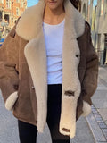 Fashionkova Christmas gift Christmas outfit Vintage Khaki Faux Leather Warm Thick Fluffy Coats Fashion Long Sleeve Big Lapel Single Button Outerwear 2024 Winter Lady Jacket