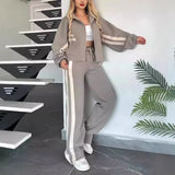 Fashionkova Y2K Striped Zipper Coat+sweatpants Two Piece Set Women Casual Batwing Sleeve Sports Jacket Outfits Autumn Winter Sweatshirt Suit