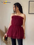 Fashionkova Christmas gift Christmas outfit Fashion Burgundy Sexy Sleeveless Backless Top Elegant Solid Pleated Mesh Tulle Ruffles Tank Tops Christmas New Year Party Gowns