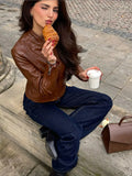 Fashionkova Chic Brown Stand Collar Full Sleeve Woman Short Leather Coat Retro Solid Color Zipper Slim Jacket 2024 New Fall Commuter Wears