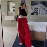 Fashionkova Christmas outfit American Contrasting Vintage Drawstring Sweatpants Fashion Straps Straight Wide Leg Pants Baggy Mopping Trouser Ladies Summer