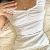 Fashionkova Cottage 00s Retro Y2K Crop Tops Fairycore Eyelet Kawaii T-shirt Lace Trim Square Collar Short Sleeve White Tees Korean Clothes