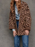 Fashionkova 2024 Fashion Mohair Leopard Printed Warm Coats For Women Chic V-neck Pockets Oversized Jackets New Lady Casual High Streetwear