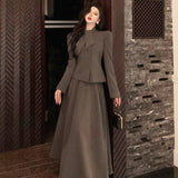 Fashionkova Vintage Chic Two-piece Skirt Set Women Long Sleeve Top Fishtail Midi Skirt Autumn Solid Korean Fashion Outfits Female Clothing