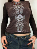 Fashionkova Rockmore Vintage Print Mesh Tops for Women Sexy See-through Patchwork Long Slevee T Shirt Autumn Y2K Fairycore Slim Fit T-shirts