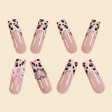 Fashionkova Luxury Ladies Super Long Square French Leopard Print Pink Bow Heart Decoration Full Coverage Wearable Fake Nail 24Pcs/Set