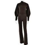 Fashionkova Slim Lantern Long Sleeved Fashion Knitted Sweater Set High Waisted Burgundy Women's Pants Suits Autumn Commute Office Streetwear