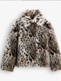 Fashionkova Chic Leopard Print Faux Fur Coats Fashion Lapel Long Sleeves Side Pockets Warm Jacket 2024 Women Winter Casual Furry Outwear