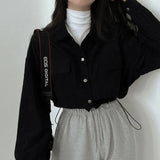 Fashionkova Rimocy Chic Pockets Long Sleeve Cropped Blouse for Women Corduroy Drawstring Short Jacket Woman Korean Wild Solid Color Coats