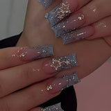 Fashionkova 24Pcs Long Coffin False Nails with Star Rhinestones Black Y2K Nail Art French Gradient Full Cover Press on Nail Tips for Girls