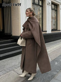 Fashionkova Women Fashion Scarf Collar Wool Blend Coat 2024 Autumn Winter New Single Breasted Overcoat Female Oversize Chic Street Outerwear