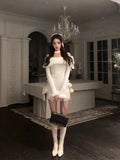 Fashionkova Christmas outfit Christmas New Years Bodycon Knitted Mini Dress Women Casual Long Sleeve Sweet Elegant Even Party One Piece Dress Korean Fur