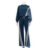 Fashionkova Contrast Striped Women Pullover Set Wide Leg Elastic Waist Pants Suits 2024 Autumn O-neck Denim Patchwork Top Trousers Outfits