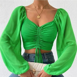 Fashionkova ALLUKASA Sexy Mesh Lantern Sleeves Drawstring Wrap Chest Bare Midriff T Shirt Women Long Sleeves Bottoming