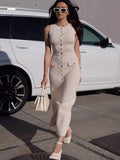 Fashionkova JULISSA MO Knit Sexy High Slit Button Women Maxi Dress Apricot Sleeveless Round Neck Dress Summer Skinny Elegant Party Beachwear
