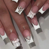 Fashionkova 24Pcs Long Coffin False Nails with Star Rhinestones Black Y2K Nail Art French Gradient Full Cover Press on Nail Tips for Girls
