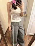 Fashionkova  Vintage Lace Dress Pants Woman Wide Leg Gray High Waist Suit Pants Baggy Y2k Casual Elegant Trouser Office Wear Harajuku