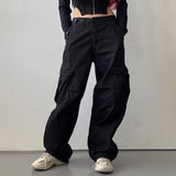 Fashionkova Casual Loose Pockets Cargo Pants Women Basic Elastic Low Rise Wide Leg Straight Trousers Streetwear Y2k Aesthetic Jogger Pants