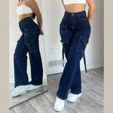 Fashionkova 2024 Women High Waist Lifted Jeans Extremely Slim Waist to Hip Ratio Trousers Jean Straight Pocket Design Overalls Casual Pants