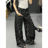 Fashionkova Vintage High Waist Women Black Jeans Printing Fashion Streetwear Wide Leg Jean Female Denim Trouser Straight Baggy Denim Pants