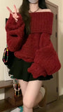 Fashionkova Christmas outfit Women Red Pullover Knitted Sweater Harajuku Y2k Long Sleeves Slash Neck Sweater Jumper Vintage 2000s Aesthetic Clothes 2024