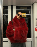 Fashionkova Christmas gift Christmas outfit Women Fashion Turn-down Collar Winter Warm Jacket 2025 Christmas Red Hooded Fluffy Faux Fur Coats Casual High Street Outerwear