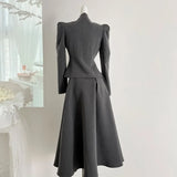 Fashionkova Vintage Chic Two-piece Skirt Set Women Long Sleeve Top Fishtail Midi Skirt Autumn Solid Korean Fashion Outfits Female Clothing