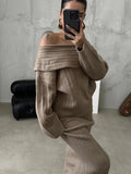 Fashionkova Winter Knitted Two Piece Set for Women Elegant Off Shoulder Sweater Pullover Top Slim Skirt Suit Fashion Office Ladies Outfits
