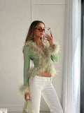 Fashionkova Christmas gift Christmas outfit Elegant Green Patchwork Feather Slim Fit Synthetic Fur Jacket Woman Splicing Long Sleeved V-neck Short Jacket Female Streetwear