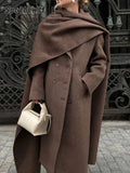 Fashionkova Women Fashion Scarf Collar Wool Blend Coat 2024 Autumn Winter New Single Breasted Overcoat Female Oversize Chic Street Outerwear