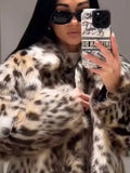 Fashionkova Chic Leopard Print Faux Fur Coats Fashion Lapel Long Sleeves Side Pockets Warm Jacket 2024 Women Winter Casual Furry Outwear