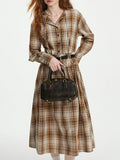 Fashionkova  Women Long Plaid Dress Turn-down Collar A-LINE Cotton Dress Autumn Retro Brown Plaid Long Dress With Sashes 24FS13313