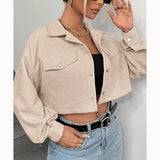 Fashionkova Spring Drop Shoulder Flap Detail Crop Corduroy Jacket Long Sleeve Chic Short Coats