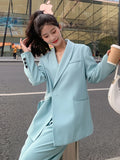 Fashionkova Blue Casual Blazer For Women Notched Long Sleeves Single Button Lace-up Gathered Waist Coat 2024 New Clothing 2Z1398