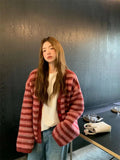 Fashionkova Korean style Women Red Streak Striped Cardigans Contrast Color V Neck Spring Autumn Cardigan Women Single Breasted Sweaters