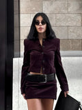 Fashionkova Christmas gift Christmas outfit Fashion  Burgundy 2pcs Lapel Long Sleeve Single Breasted Top Short Pant Suit Elegant Solid Shoulder Pad Sets Lady Slim Fall Suit