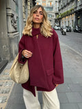 Fashionkova 2024 New Fashion Burgundy Red Woolen Suit Jacket With Scarf Collar Women Chic Oversized Flip Pockets Solid Coats Lady Streetwear