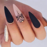 Fashionkova Long Stiletto False Nails Black Edge French Gold Thread Black Rhinestones Design Wearable Fake Nails Press On Nails Manicure Tip