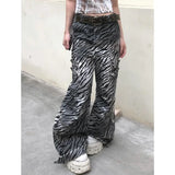 2024 Women's Casual Zebra print Gothic Jeans Vintage Aesthetic Emo Loose Washed Pants Y2K Wide Leg Punk Baggy Denim Trouser