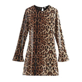 Fashionkova Sequins Leopard Print Mini Dress Women O-neck Long Sleeve Loose Chic Glitter Short Street Dresses Holiday Party Evening Robe