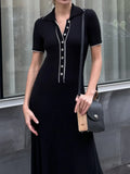 Fashionkova  Deep V Neck Maxi Dresses For Women 2023 Autumn Slim Short Sleeve Vestido De Mujer Knitted Bodycon Dress Woman Streetwear