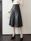Fashionkova High Waist A-line Skirt Women New Arrival 2023 Autumn Fashio Korean Style Vintage PU Leather Ladies Elegant Long Skirts W1364