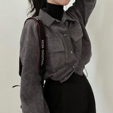 Fashionkova Rimocy Chic Pockets Long Sleeve Cropped Blouse for Women Corduroy Drawstring Short Jacket Woman Korean Wild Solid Color Coats