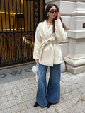 Fashionkova Christmas Gift Outfit  Women Fashion Lapel Full Sleeve Simple Coat Elegant White Woolen Blends Suit Jackets With Belt Lady Casual Highstreet Outerwear