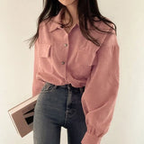 Fashionkova Rimocy Chic Pockets Long Sleeve Cropped Blouse for Women Corduroy Drawstring Short Jacket Woman Korean Wild Solid Color Coats