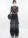 Fashionkova Women Vintage Black Gothic Cargo Jeans Y2k Wide Leg Denim Pants Oversize 2000s High Waist Jeans Korean Baggy Trousers 90s Jeans