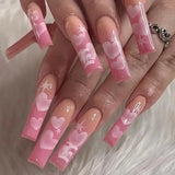 Fashionkova 24Pcs Long Coffin False Nails with Star Rhinestones Black Y2K Nail Art French Gradient Full Cover Press on Nail Tips for Girls