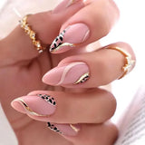 Fashionkova 24pcs Leopard Print Fake Nails with Glue Almond Acrylic Press on False Nails Gold Lines French Nail Tips Sweet Cool Autumn Nails